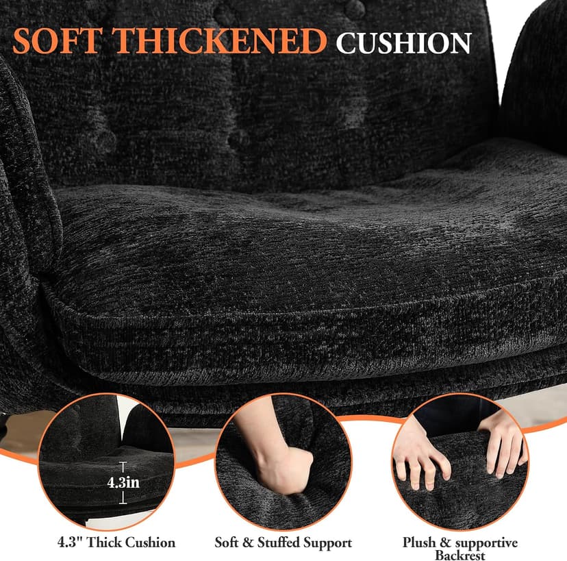 Criss Cross Chair with Wheels & Arms, Chenille Cross Legged Office Chair with 5-level Folding Armrest, Comfortable Adjustable Swivel Vanity Chair for Home, Make Up, Bed Room, Office, Accent (Black).