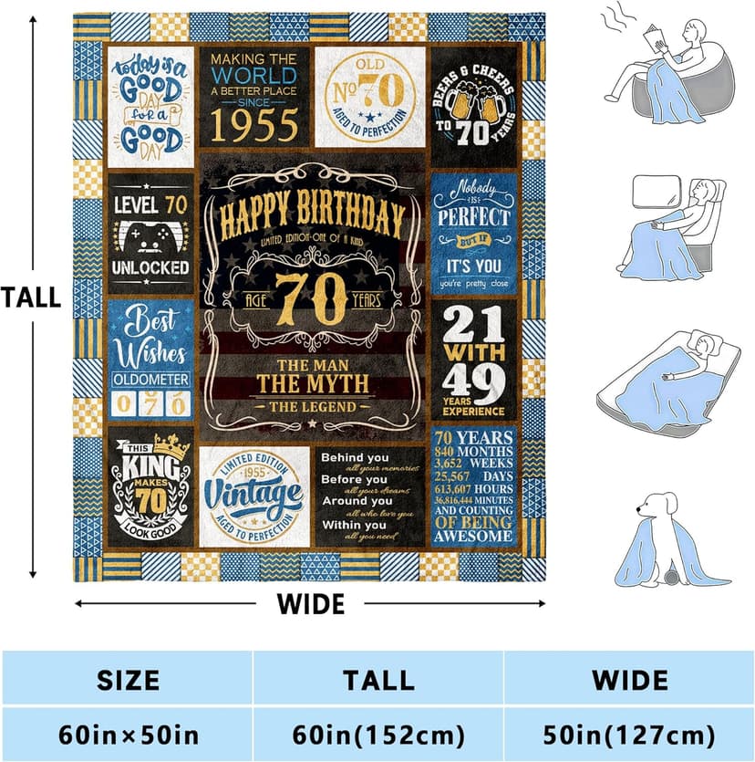 70th Blanket 60 x 50 inch, 70th Birthday Gifts for Men, Best Gifts for 70 Year Old Man, 70 Year Old Birthday Gifts for Men, 1955 Birthday Gifts for Dad, Mens 70 th Birthday Gift Ideas