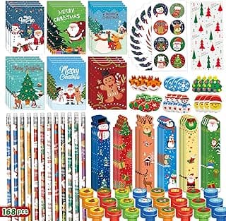 168 PCS Christmas Party Favors for Kids, 24-Pack Christmas Stationery Set for Stocking Stuffers, Christmas-Themed Classroom Gift Exchange Carnival Events Class Reward Gifts and Prizes