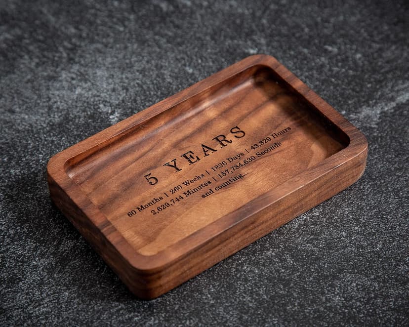 MUUJEE Ring Dish - Engraved Rectangle Wood Tray Small Jewelry Dish 5 Year Wedding Anniv Gifts Ideas (Small - 5.5 x 3.5 inches)