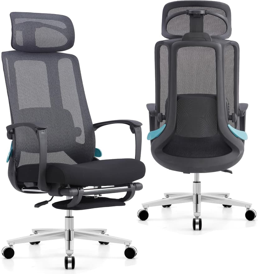 Ergonomic Office Chair with Footrest & Adjustable Lumbar Massager, High Back,Big and Tall,Desk Chair with 5D Headrest, Reclining Swivel Rolling Mesh Chair for Home Office, 400LBS (Black)