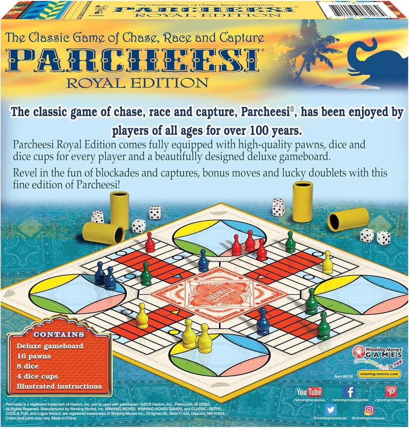 Parcheesi Royal Edition by Winning Moves Games USA, Classic Family Favorite Featuring Charming Artwork, Tokens and dice Cups for 2-4 Players, Ages 8+ (6106)