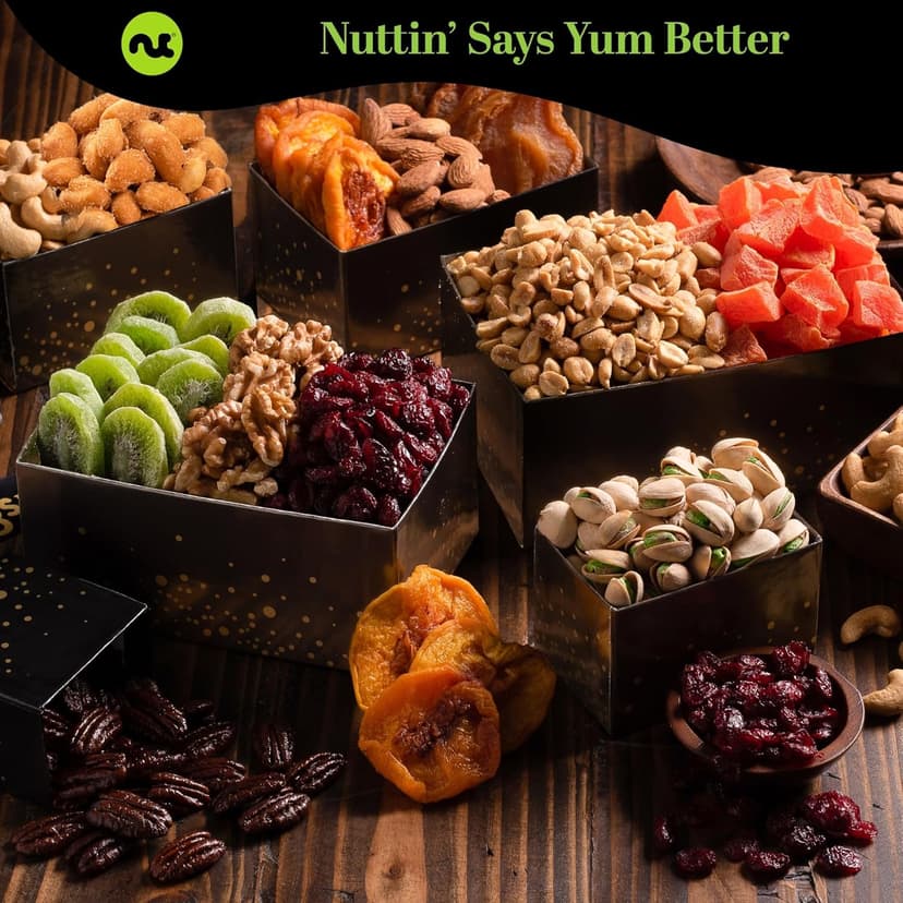 NUT CRAVINGS - Diwali Sweets Hamper Dried Fruit & Mixed Nuts Gift Basket in Black Tower + Ribbon (12 Assortments) Food Arrangement, Healthy Snack Care Package, Food Assortments