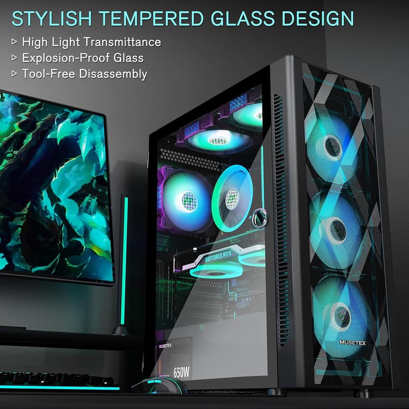 MUSETEX ATX PC Case Pre-Install 6 PWM ARGB Fans, Polygonal Mesh Computer Gaming Case, Opening Tempered Glass Side Panel Mid-Tower Case, USB 3.0 x 2, Black, NN8