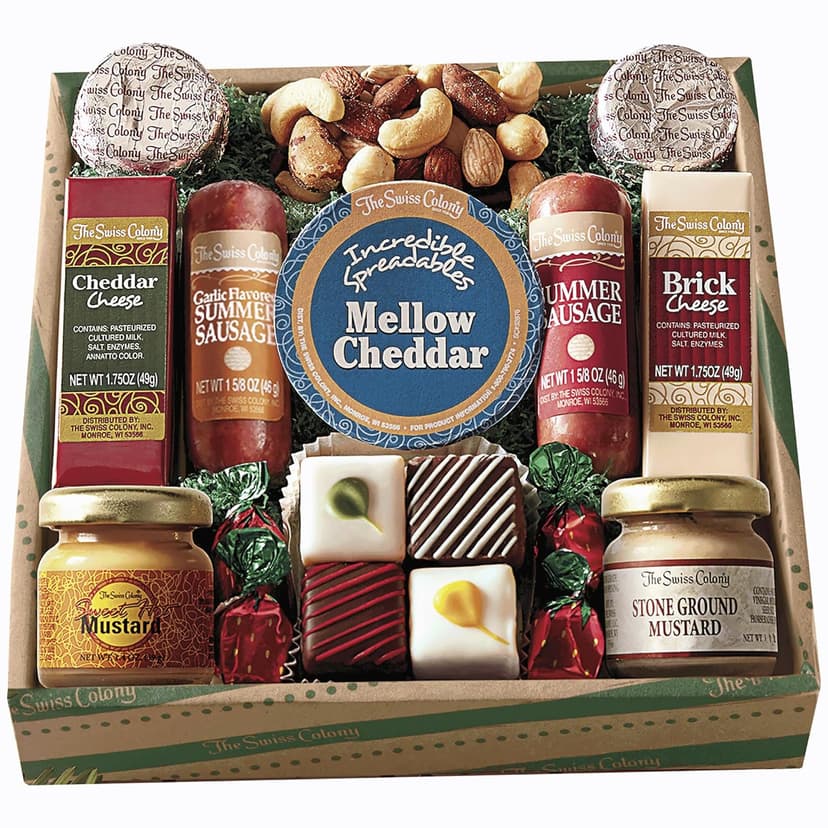 The Swiss Colony Holiday High Notes Gift Basket Assorted Summer Sausage Meats and Cheeses, Chocolate Treats, Snacks for Adults, Women, Men, Charcuterie Boards, Thank You Gifts