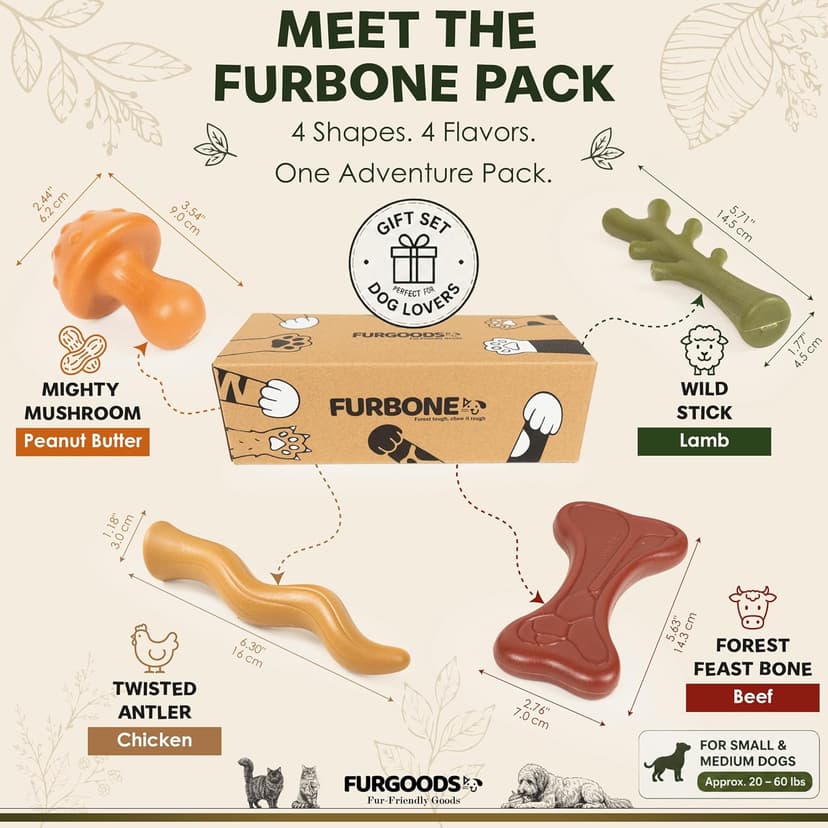 4 shapes and flavors: peanut butter, lamb, chicken, beef; long lasting chews for puppies and adult dogs, gift ready box FURBONE Flavored Nylon Dog Chew Toys 4 Pack, Bones for Small & Medium Dogs B0FQC6RNZM