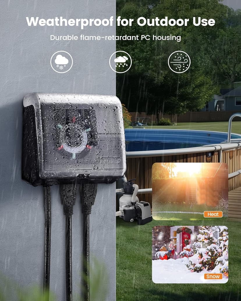 SURAIELEC Mechanical Pool Timer for Above Ground Pools, NEMA 5-15R Plug-in 24-Hour Timer with Dual Outlets, 15A 125V 1HP, Up to 3 Daily Settings, Weatherproof Cover for Pool Pumps, Outdoor Lighting