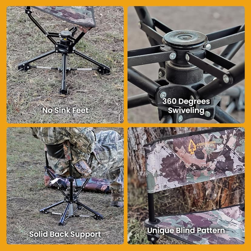 ARROWHEAD OUTDOOR 360° Degree Swivel Hunting Chair Stool Seat, Perfect for Blinds, No Sink Feet, Supports up to 450lbs, Carrying Case, Steel Frame, Fishing, High-Grade 600D Canvas