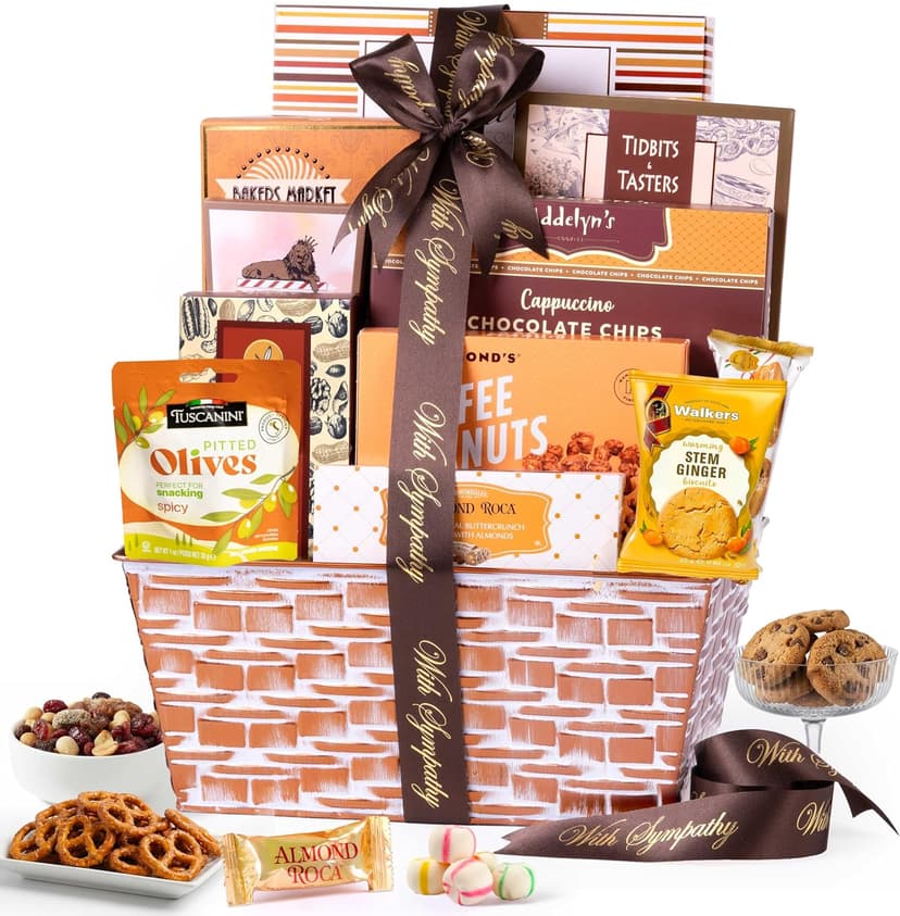 Deluxe bereavement food care package with snacks and sweets for loss, funeral, or condolences. Kosher shiva. Broadway Basketeers Deluxe Sympathy Gift Basket Sharing Heartfelt Moments B076BXHWSC