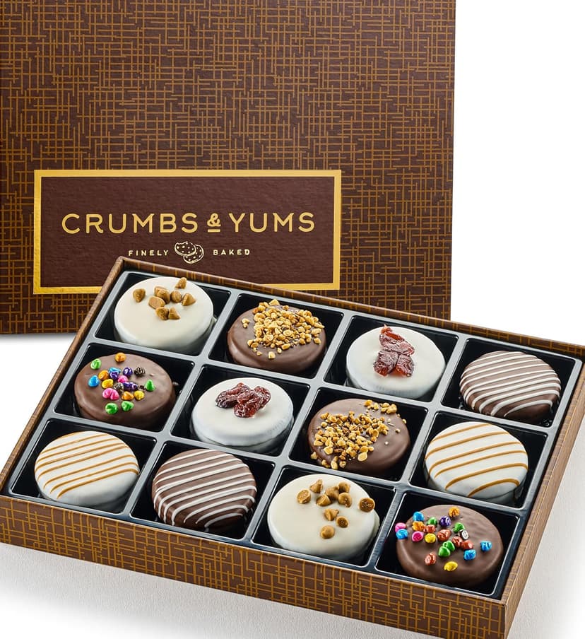 Holiday Christmas Cookies Gift Basket - 12 Gourmet Chocolate Covered Sandwich Cookies with Assorted Toppings - Assorted Food Gift Box for Fathers Day, Mothers Day, Family, Sympathy, Men & Women.