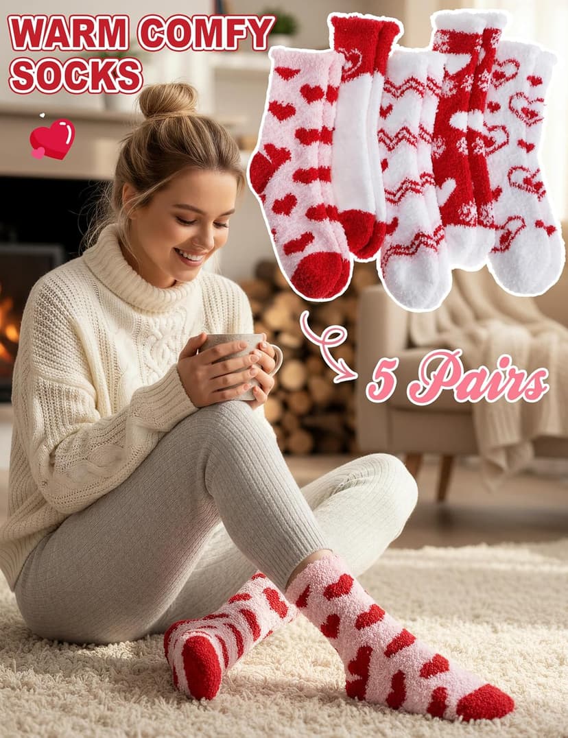 Womens Fuzzy Socks Warm Fluffy Cozy Winter Slipper Thick Fleece Heart Socks 5 Pairs B0DK1SNMFD