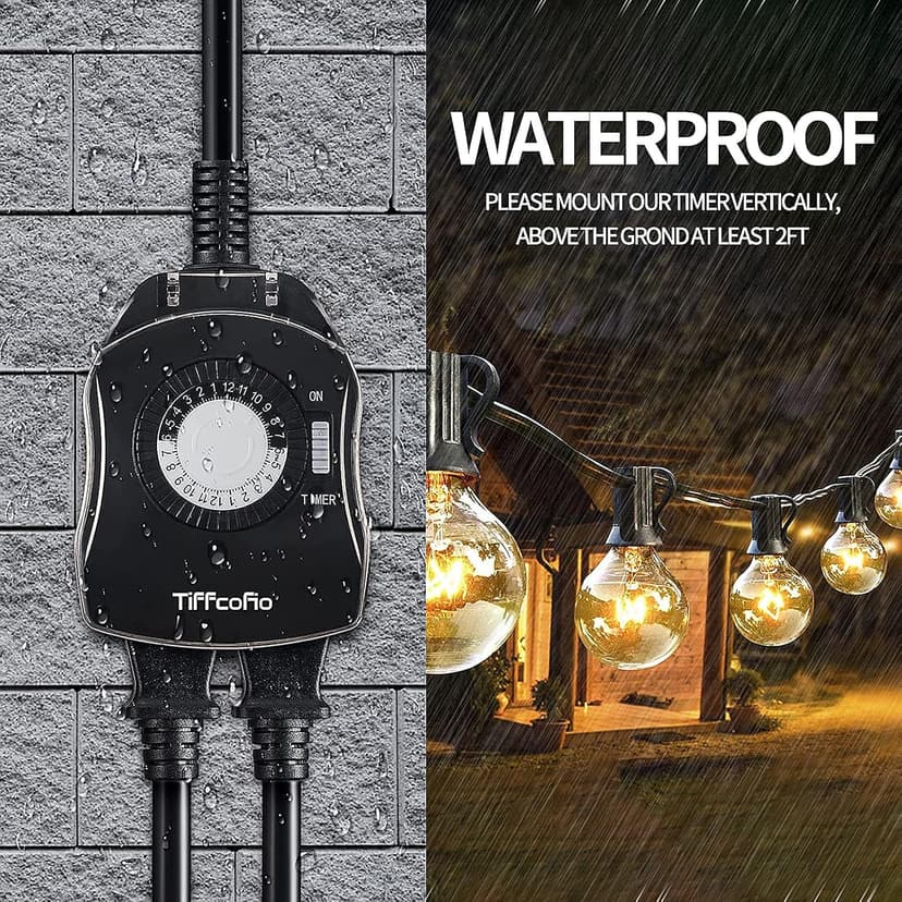 TiFFCOFiO Outdoor Timer Outlet, 24 Hour Mechanical Outdoor Timer for Pool Pump, Outdoor Light Timer Waterproof, 2 Grounded Outlets for Home and Garden, 15A 1/2HP, Heavy Duty, CSA Listed (1 Pack)