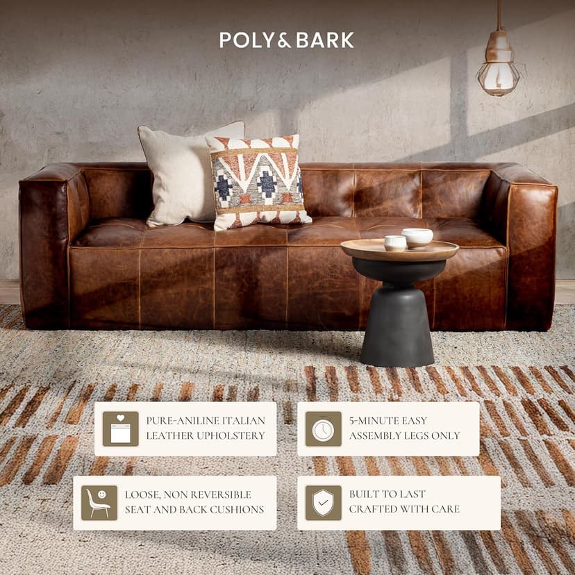 POLY & BARK Capa 96.5" Sofa – Chocolate Brown Full-Grain Pure-Aniline Italian Leather, Boxy Modern Design, Feather-Fiber Cushions, Solid Wood Frame