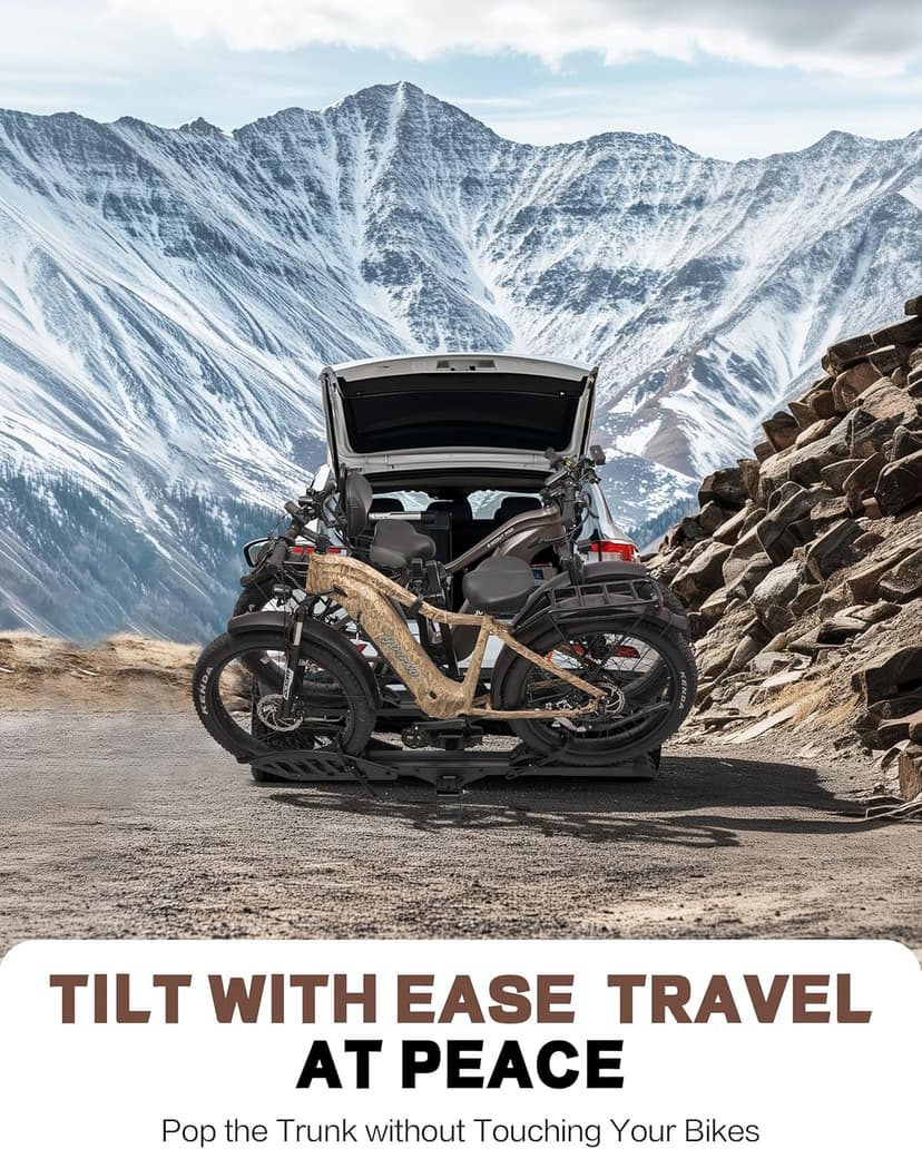 Bike Rack for Car Hitch Mount - Young Electric 2 Ebike Rack Heavy Duty Platform Carrier 200lb Capacity, Smart Tilting & One Hand Folding Bicycle Racks for SUV, Minivan, RV, Fits 5-Inch Fat Tires