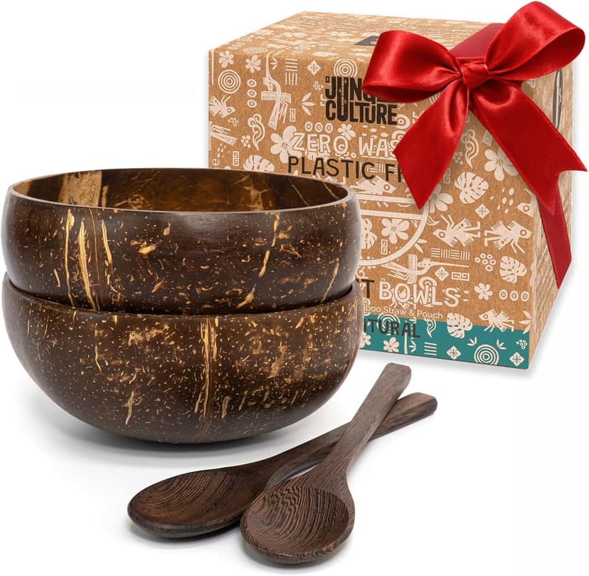 Jungle Culture 2 Polished Coconut Bowl & Wooden Spoons Set with Bamboo Straws • Natural Yoghurt & Smoothie Bowls Ideal for Ninja Creami • Healthy Coco Shell Buddha, Acai • Eco Friendly Vegan Gifts