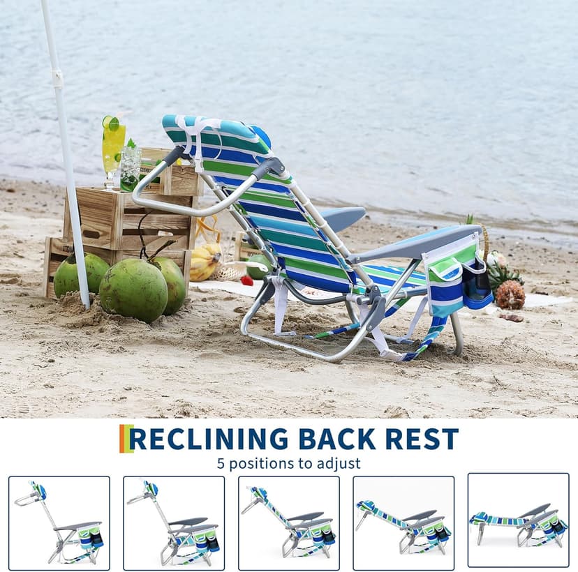GarveeLife Backpack Beach Chair for Adults 2 Pack, Lightweight Portable Lay Flat Folding Beach Chair with 5 Positions, Backpack Straps, Phone Pocket, Cup Holder & Towel Bar, Support to 350LBS