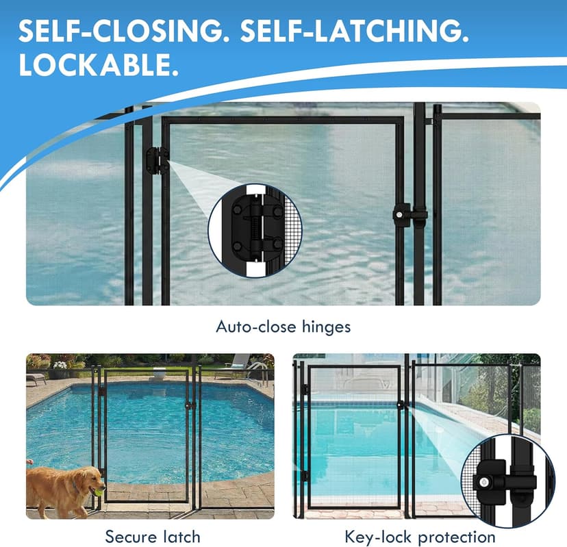 All Safe Pool Fence Door Gate Kit - 4-Foot Black Self-Closing Pool Gate for Decks, Lockable & Easy DIY Installation - Safety Swimming Pool Gate for Kids & Inground Pool Fencing, Durable U-Safe Frame