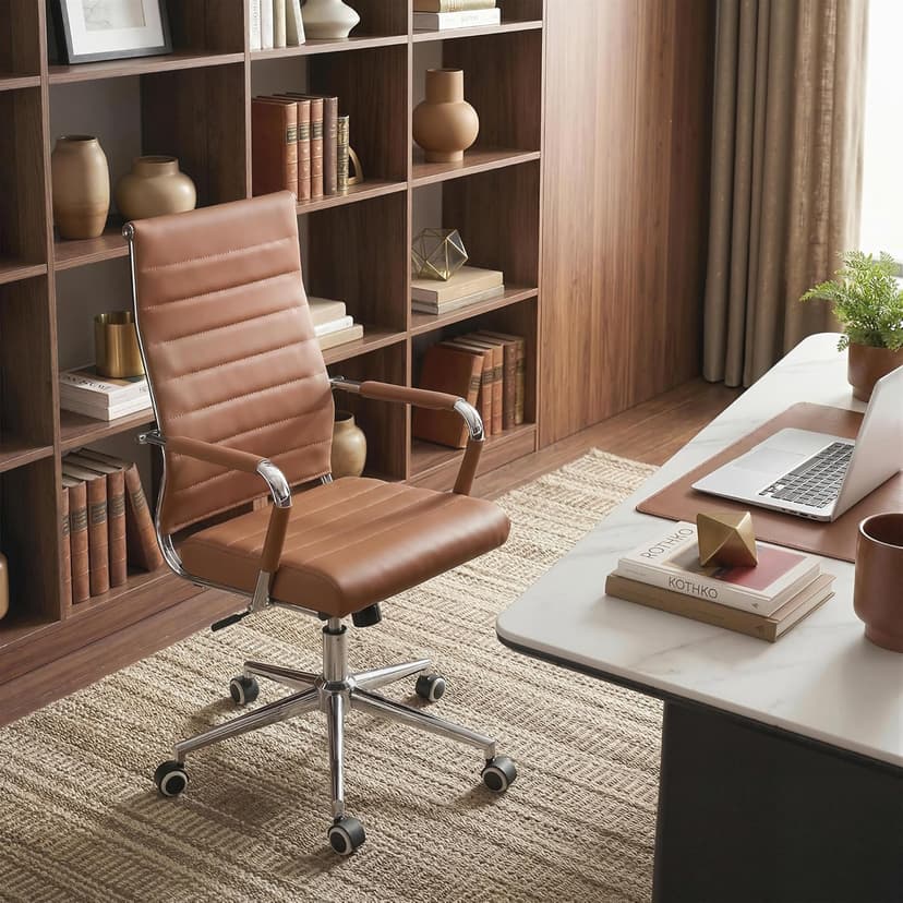 Okeysen Office Desk Chair, Ergonomic Leather Modern Conference Room Chairs, Executive Ribbed Height Adjustable Swivel Rolling Chair for Home Office. (Brown)