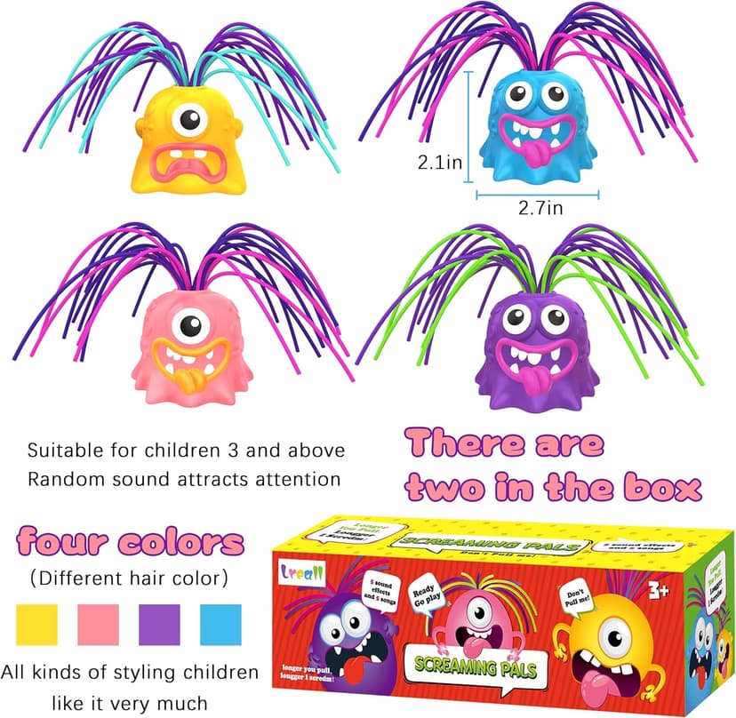 4PCS Fun Hair Pulling Fidget Screaming Monster Toys, Anti Anxiety Toys and Venting Novelty Toys, Different Screams Made by Hair Pulling, Halloween Christmas for 3 4 5 6 7+ Kids Teen Boys Girls Gifts