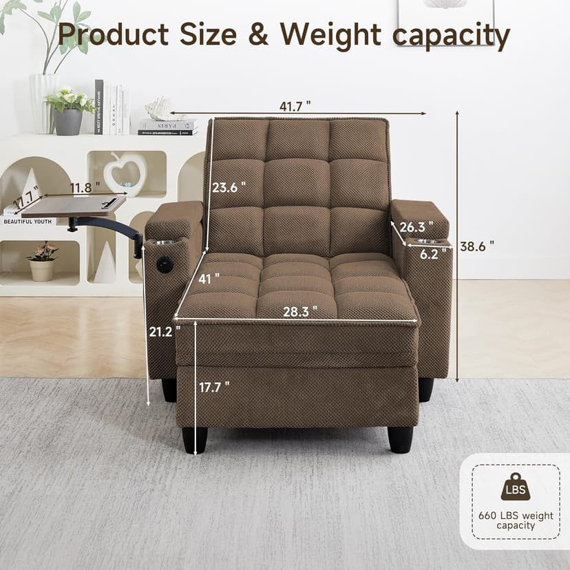 41.7" Oversized Chaise Lounge Chair Indoor, Boucle Upholstered Sofa Bed with Adjustable Backrest, Deep Seat Reading Chair, Sofas Couches for Living Room, Storage, Cup Holders & 360° Swivel Side Table