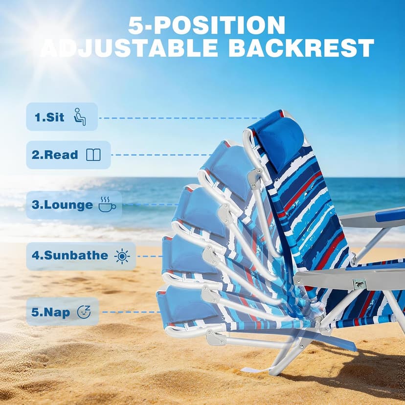 SUNNYFEEL Extra Wide Low Beach Chair 5 Position Lay Flat 500 LBS Heavy Duty, XL Oversized Portable Folding Camping Chairs with Cup Holder for Outdoor/Trip, Lightweight Backpack Beach Chair for Adults
