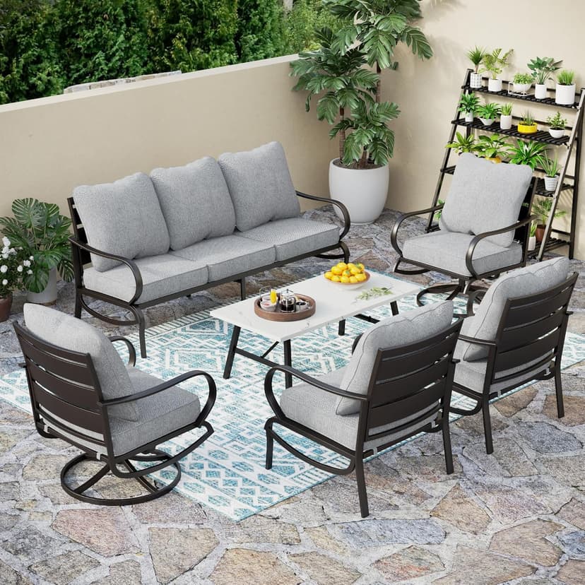 PHI VILLA 6 PCS Patio Furniture Sets with 2*Swivel Cushioned Sofa Chairs, 2* Leg Chairs, 1 * 3-Seat Wide Deep Seating Bench and 1*Coffee Table, Outdoor Conversation Set for 7 Person(Grey)