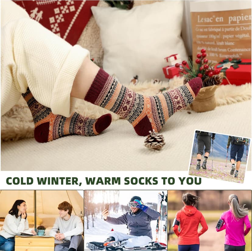 Womens Wool Socks 5 Pairs Warm Winter Knit Wool Soft Vintage Casual Crew Socks Stocking Stuffers Gifts for Women Men
