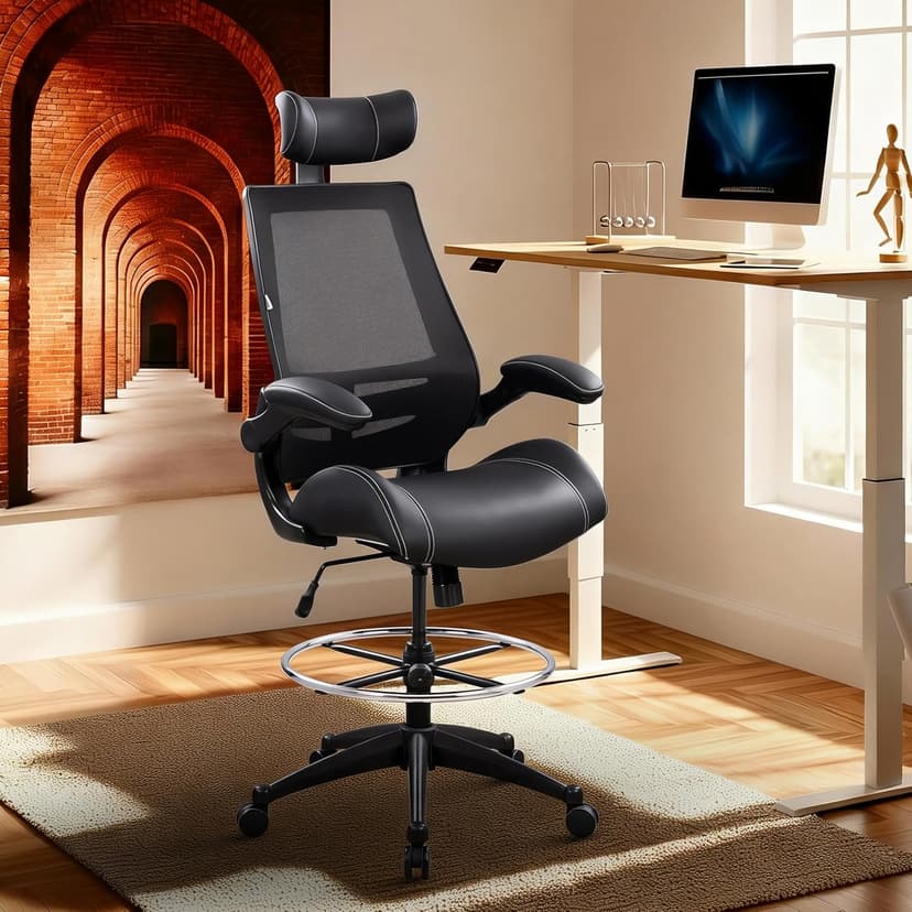 BOLISS Ergonomic Drafting Chair with 4-Level Adjustable Headrest Tall Standing Desk Stool with Soft Microfiber Leather Seat, Breathable Mesh Back, 90° Flip-Up Arms, and Adjustable Foot Ring