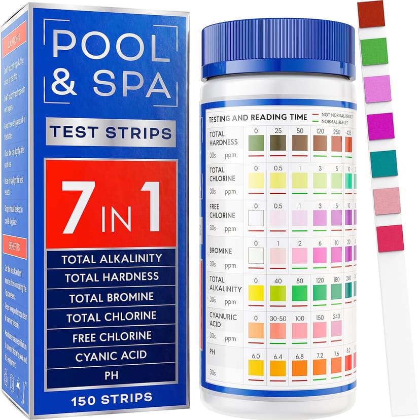 All-New Pool and Spa Test Strips 7 in 1 Quick SuperAccurate Swimming 150 Pool Test Kit - Hot Tub Test Strips & Pool Water Testing Strips for pH Chlorine Bromine Hardness Alkalinity Cyanuric Acid