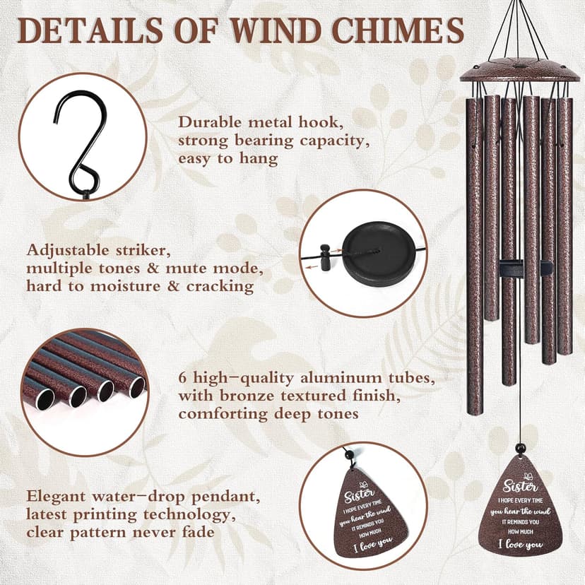 Best sister ever gift for women birthday christmas mother's day, sisters in law gift, sister gifts from brother, home decor Sister Gifts, 32" Bronze Wind Chimes, Sister's Birthday Gifts from Sisters B0FLDC4X15