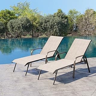 Crestlive Products Outdoor Chaise Lounge Chair,5-Position Pool Lounge Chairs with Armrests Sunbathing Recliner for Patio, Beach, Deck, Yard (2PC Beige)