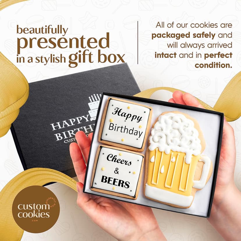 Happy Birthday Gift Basket Custom Sugar Cookies - Happy Birthday Cookies in Gift Box, delivery by Prime - Hand Decorated Kosher Treats for Men, Him, Husband - Bakery & Dessert Gifts as a Birthday Cake