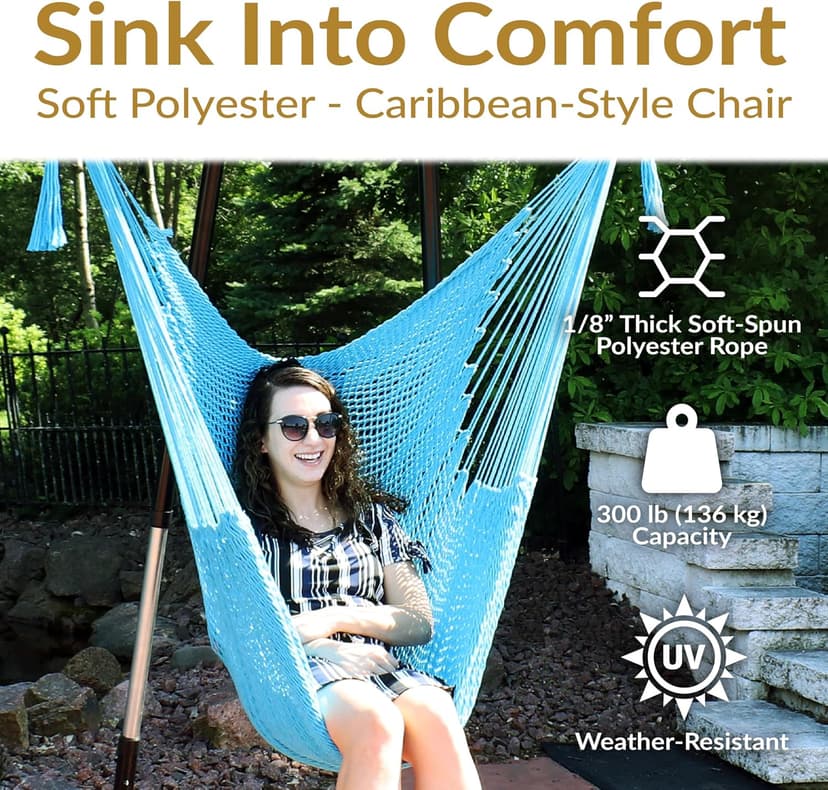 Sunnydaze Outdoor Hammock Chair Swing for Reading - Hanging Hammock Swing for Indoor or Patio - 300lb Capacity - Caribbean XL - Sky Blue