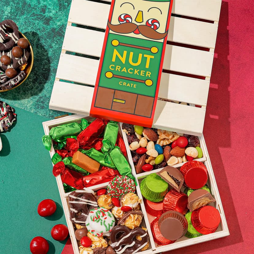 Christmas Gift Basket, Holiday Gourmet Treats- Variety Snack Crate- Candy Tray Food Assortment Idea- For Women, Men, Family 4 Section- Bonnie and Pop