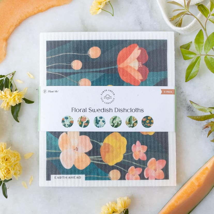 Floral Swedish Dishcloths 6-Pack – Reusable Eco-Friendly Cleaning Cloths in Plantable Packaging, Ultra-Absorbent Kitchen Sponge Cloth Gift Set.