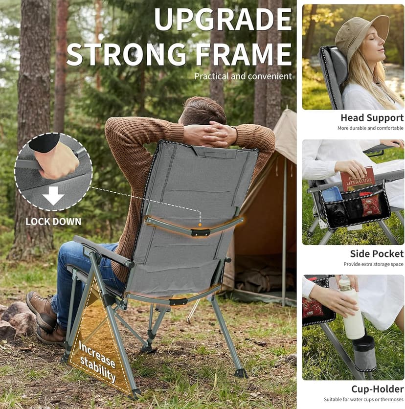 Folding Camping Chair with Cup Holder and Storage Bag, Heavy Duty Support 400 LBS, Oversized Collapsible Portable Adjustable Back Support Camping Chair for Outdoor Lawn Patio Balcony