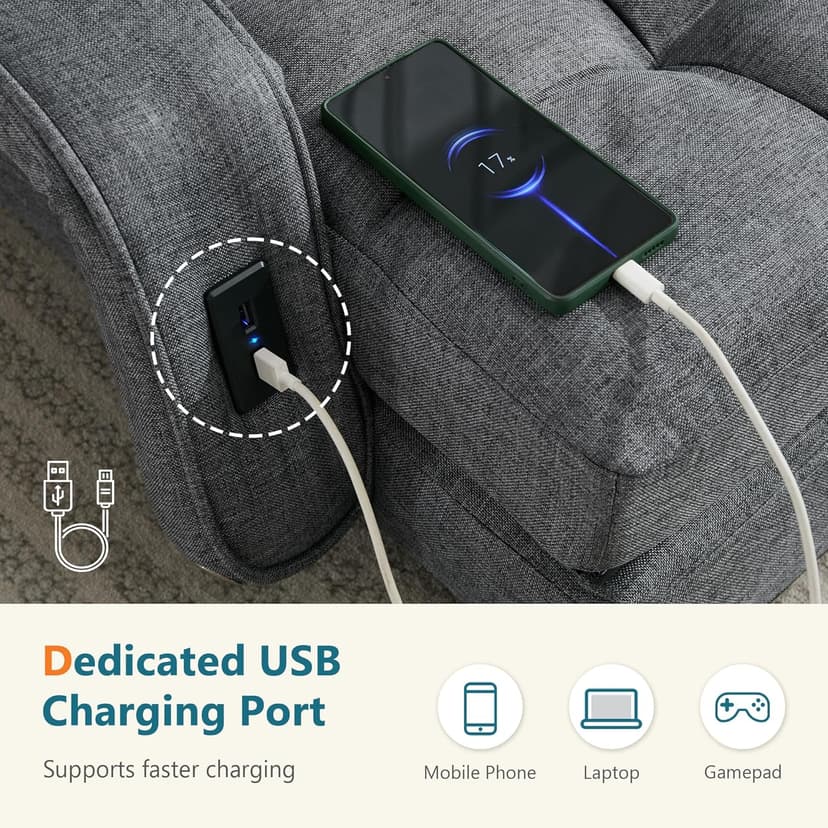 STHOUYN Comfy Floor Chair Bedroom 2 USB Charging Ports, 5-Position Couch Gaming Lounge Chairs Adults, Indoor Folding Lazy Sofa Meditation Arm Dorm Chair Living Room (Grey)