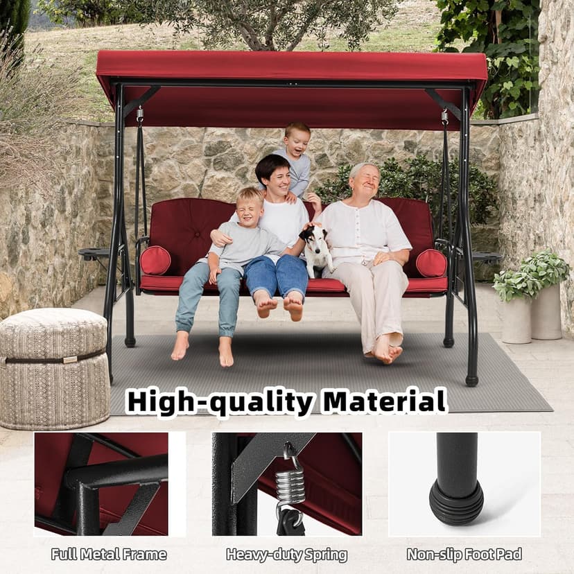HOMREST 3 Seat Outdoor Porch Swing with Adjustable Canopy, Convertible Patio Swing Bed with Stand, Patio Glider Swing with Upgraded Cup Holder, Thicken Cushions & Pillow for Backyard(Wine Red)