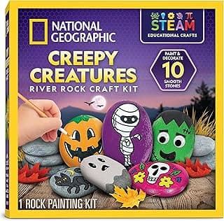 National Geographic Creepy Creatures Rock Painting Kit - Halloween Arts & Crafts Kit for Kids, Decorate 10 River Rocks with 10 Paint Colors & More Spooky Art Supplies, Halloween Gifts for Kids