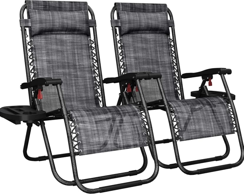 Yaheetech Zero Gravity Recliners Outdoor Adjustable Folding Reclining Lounge Chairs w/Pillows, Cup Holder Trays and Carry Strap for Patio Backyard Beach Gray Set of 2