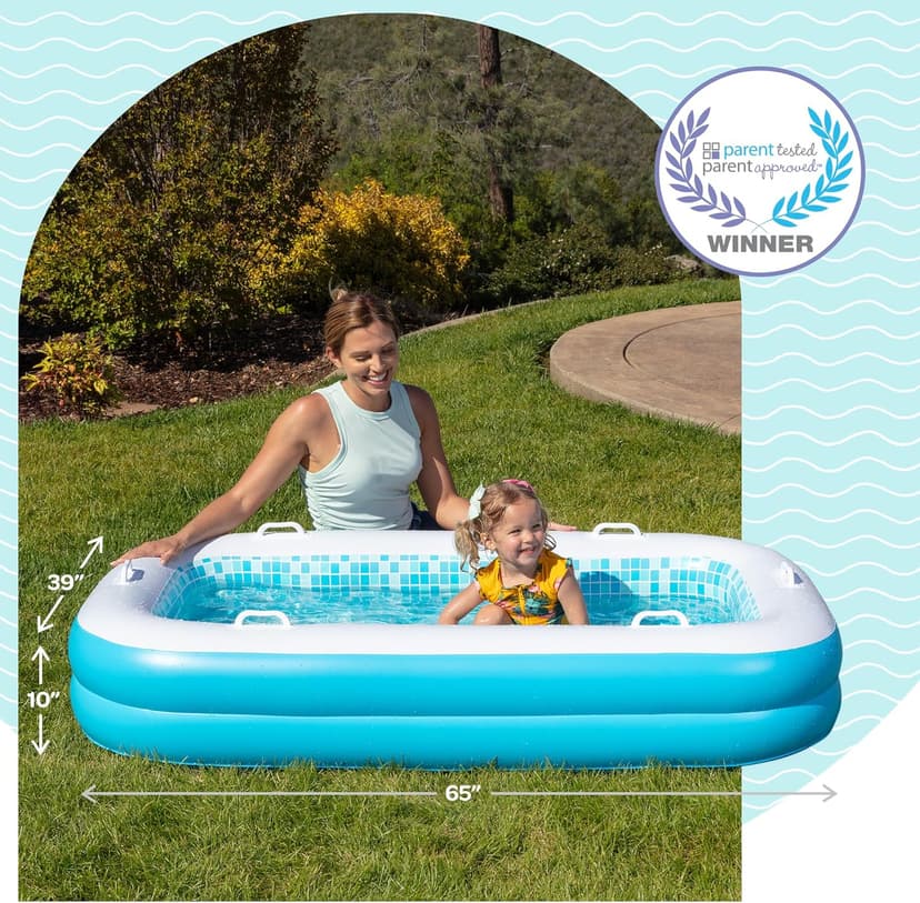 2-in-1 Inflatable Kiddie Pool, 65"x39"x10" (5'5") Soft Cushioned Floor, Handles, Drain, Shallow Rectangular Blowup Swimming Pool for Kids Age 2+ Toddler Ball Pit, Small Adult Backyard Tanning Pool
