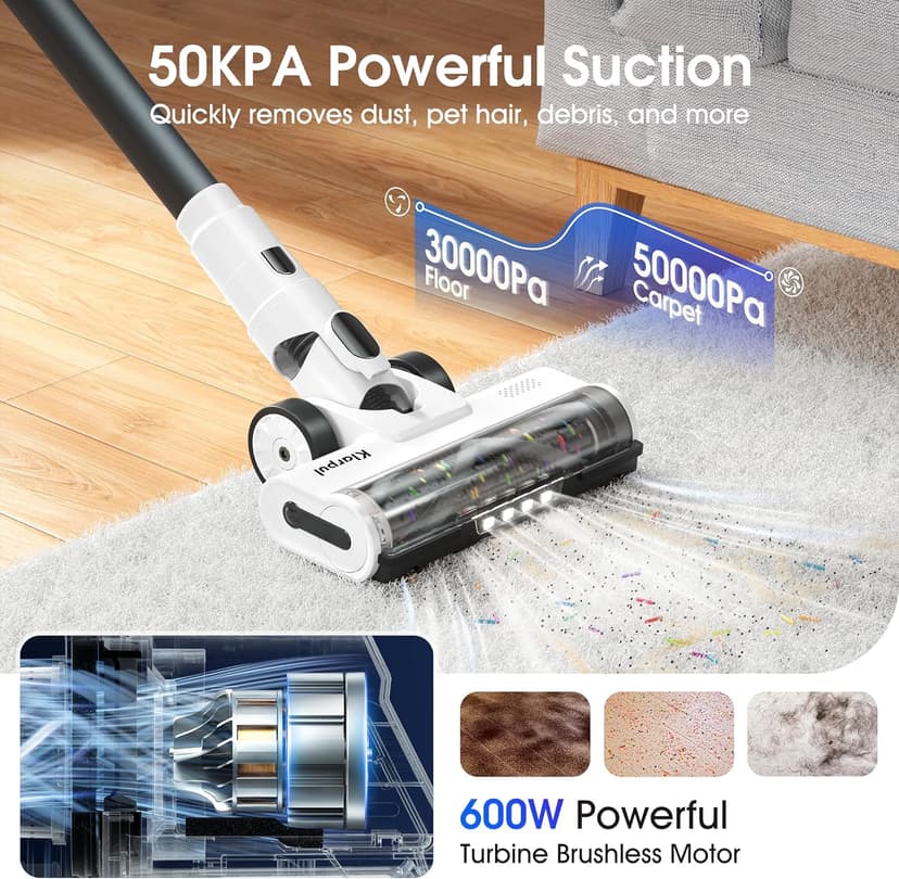 Cordless Vacuum Cleaner, 600W 50KPA 65Mins Runtime Fast Charging Vacuum Cleaner, Self-Standing LED Light Touch Screen Stick Vacuum for Home Light Weight,for Pet Hair/Carpet/Floor, White