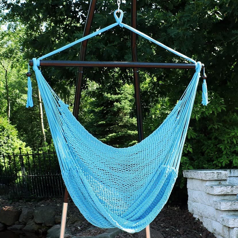 Sunnydaze Outdoor Hammock Chair Swing for Reading - Hanging Hammock Swing for Indoor or Patio - 300lb Capacity - Caribbean XL - Sky Blue