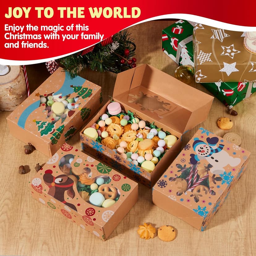 JOYIN 12PCS Christmas Cookie Boxes for Gift Giving, 8.75" x 5.75" x 2.75" Xmas Holiday Treat Cookie Tin with Window, 3 Designs Brown Foiled Kraft Bakery Box for Pastries, Cupcakes, Brownies, Doughnut