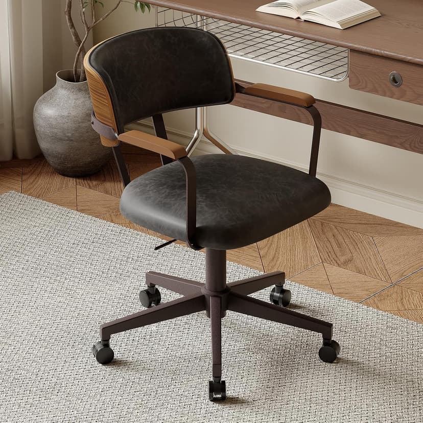 Mid-Century Modern Desk Chair with Walnut Bentwood Design,Retro Home Office Chair with Adjustable Height,360°Swivel,Smooth Rolling Casters,Small Computer Chair PU Leather (Black)