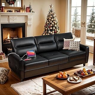STHOUYN 85” Black Faux Leather Couch with USB, 3 Seater Sofa Couches for Living Room, Large Mid Century Modern Office Apartment Couch (Black)