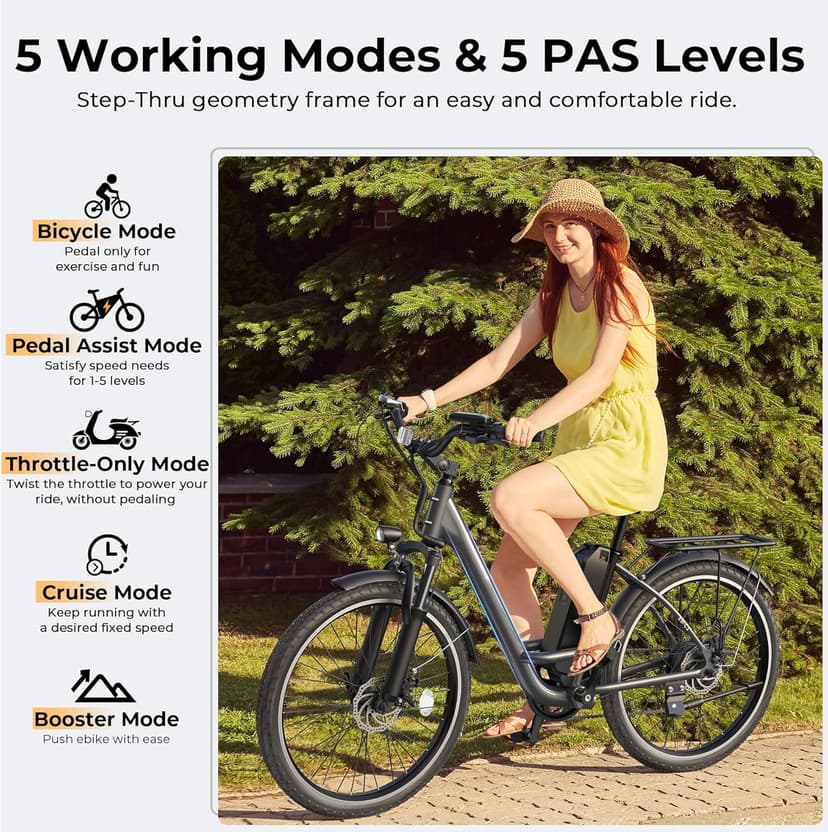 Electric Bike for Adults, Peak 1000W Ebike, 50Miles 21.7MPH UL 2849 Certified Commuter Bike, 26'' City Cruiser Bicycle with 48V Removable Battery, Rear Rack, Adjustable Stem, 7 Speed