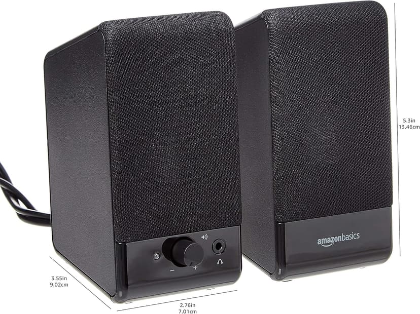 Amazon Basics USB-Powered Computer Speakers with Volume Control for Desktop or Laptop PC, Compact Size, Headphone Jack, Portable, Plug-N-Play, Black