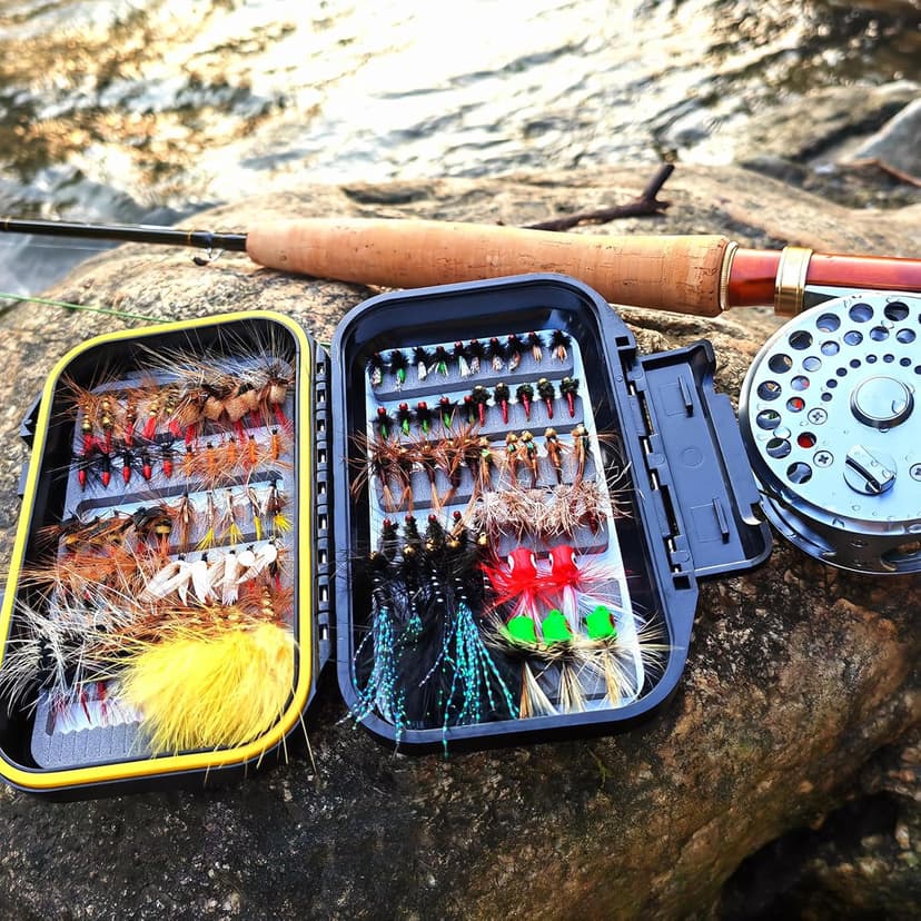 Fly Fishing Flies Assortment Kit Dry Wet Nyphms Tenkara Popper Streamer Woolly Bugger for Trout Bass Salmon Steelhead with Fly Box