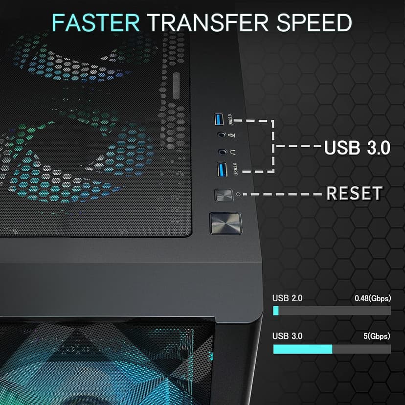MUSETEX ATX PC Case Pre-Install 6 PWM ARGB Fans, Polygonal Mesh Computer Gaming Case, Opening Tempered Glass Side Panel Mid-Tower Case, USB 3.0 x 2, Black, NN8